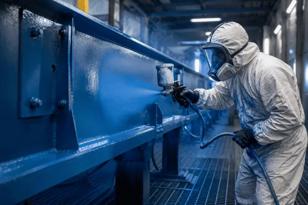 Arbeiter in Schutzanzug und Vollmaske beschichtet einen Stahlträger in einer Beschichtungshalle