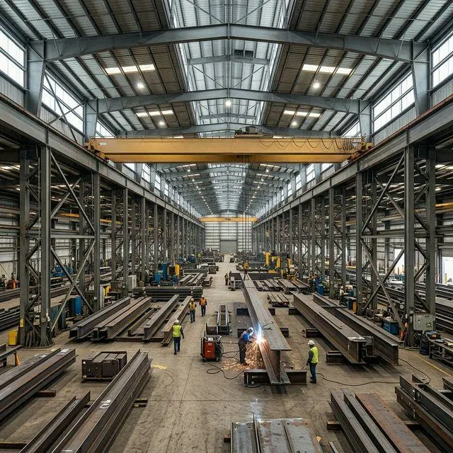 Große Stahlbau-Fertigungshalle mit Trägern, Hallenkran und Schweißarbeiten